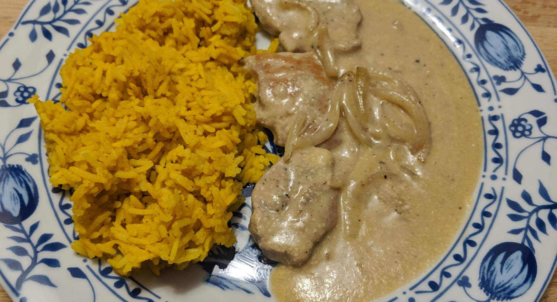 Schweinefilt in Senfsoße mit Curryreis